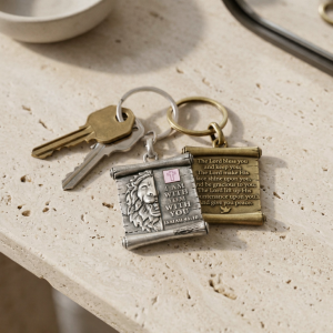 Um chaveiro exclusivo com a bênção da estrada em inglês e um chip da Bíblia