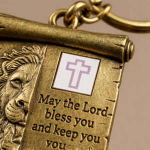 Um chaveiro exclusivo com a bênção da estrada em inglês e um chip da Bíblia