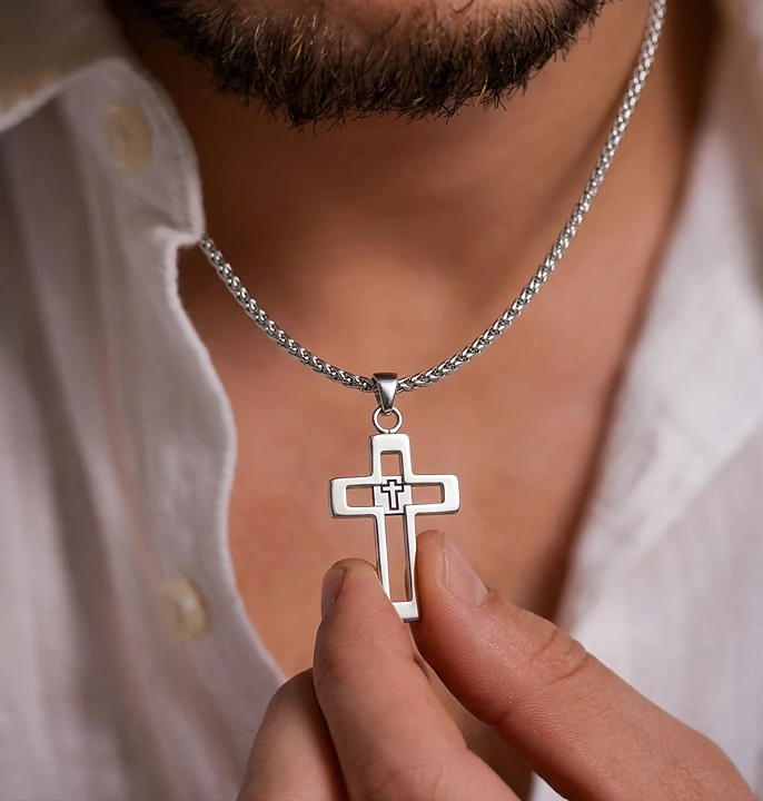 The Faith & Heritage Cross: Nano-Bible Men’s Stainless Steel Necklace
